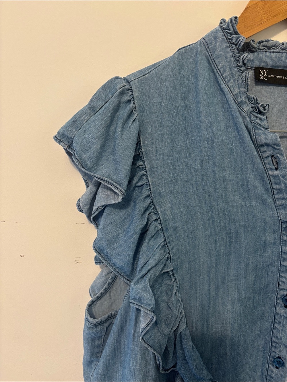 Chambray Ruffle-Sleeve Button-Up Top - Picture 3 of 4